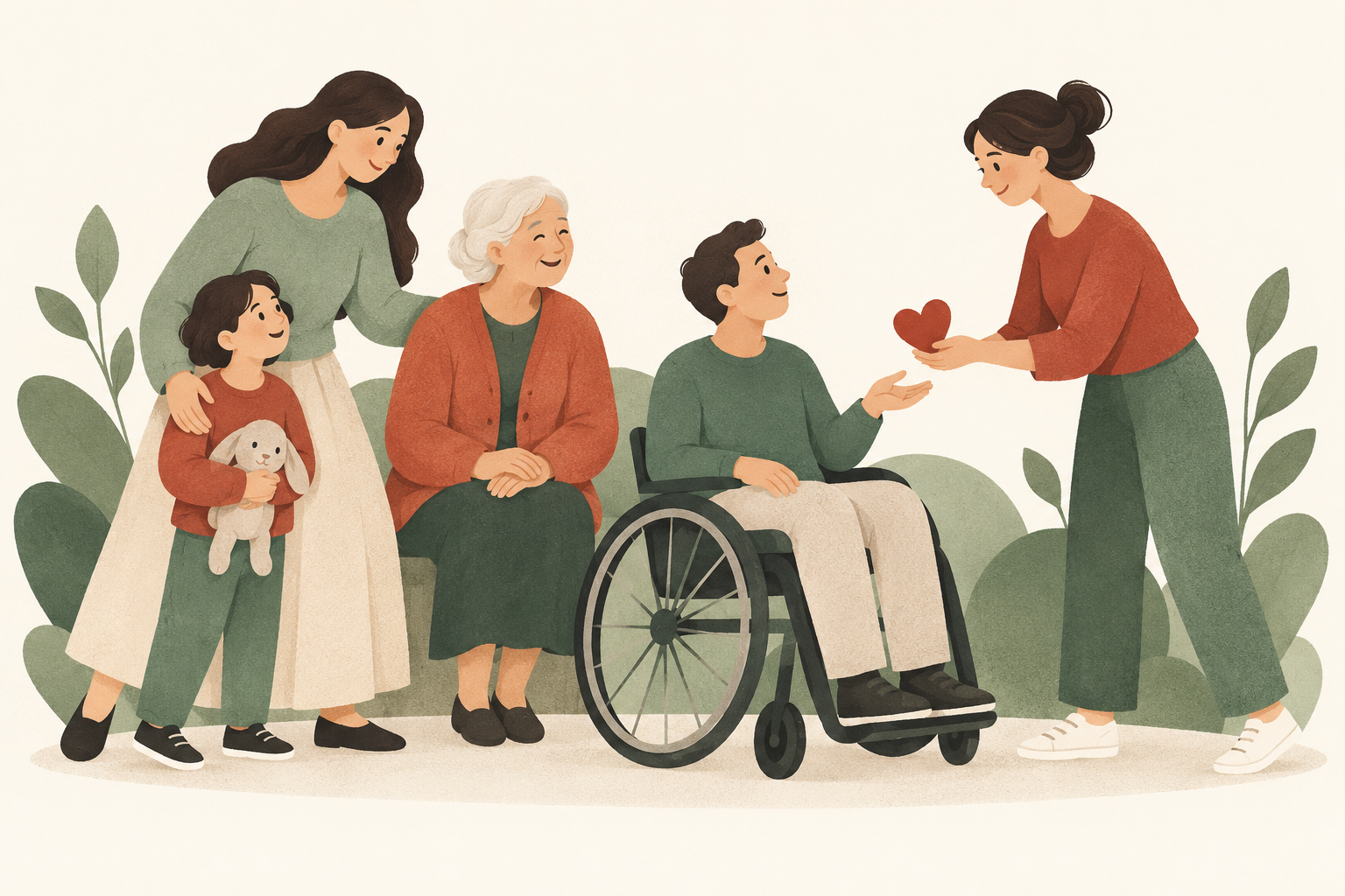 Ilustracja osób, którym pomagamy: dzieci, rodzin, seniorów i osób z niepełnosprawnościami